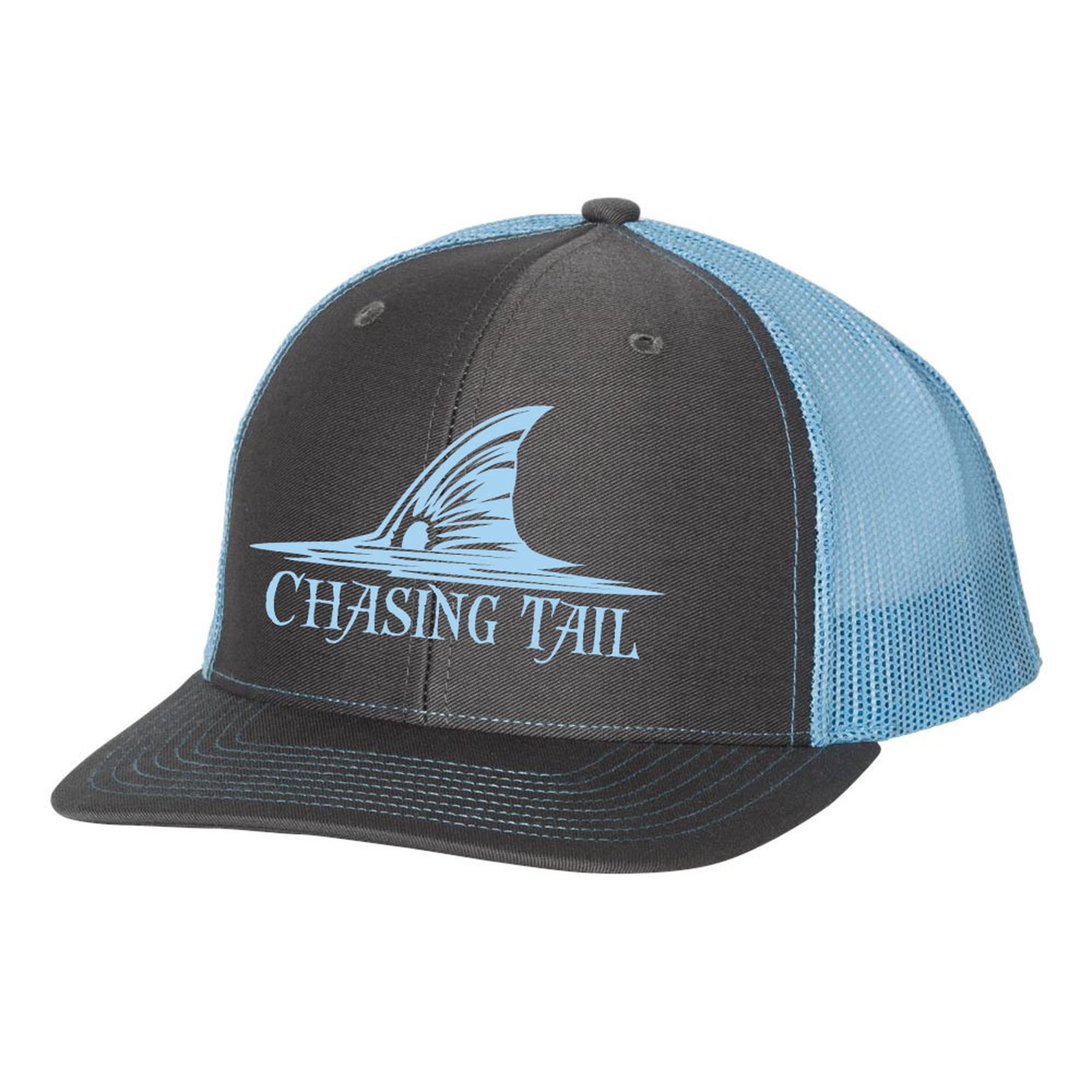 Heritage Pride Chasing Tail Redfish Mens Embroidered Mesh Back Trucker Hat, Charcoal/Neon Blue