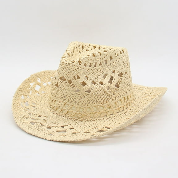 Women's Openwork Cowboy Hat, Straw-Like Sun Hat with Breathable Cutout Design, Wide Brim Western Style Summer Hat, Lightweight Beach Hat for Outdoor Vacations and Travel Beige