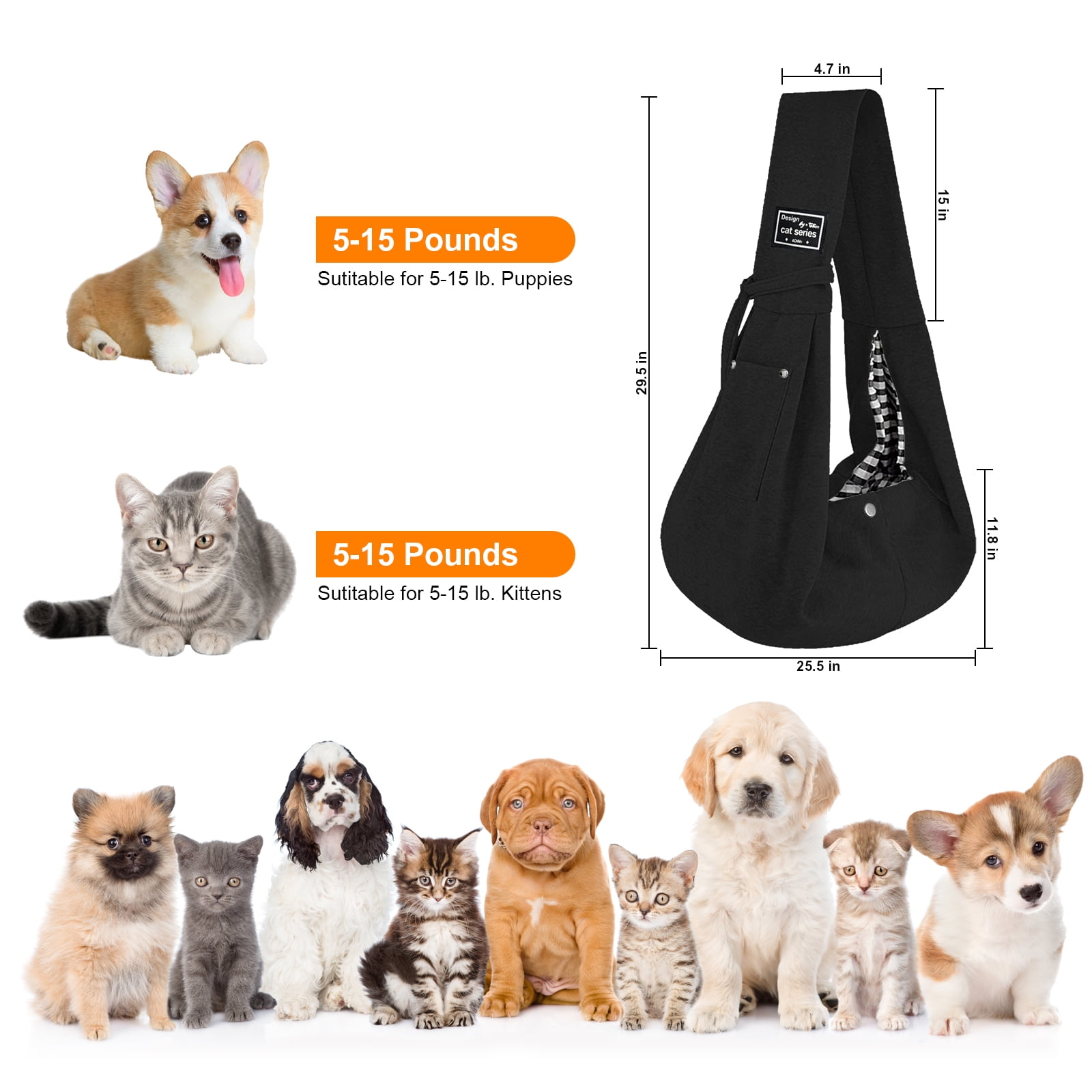 GOUWAN Dog Sling Carrier, Pet Sling for Small Dogs Puppy Cats up to 15lbs, for Outdoor Travel, Black