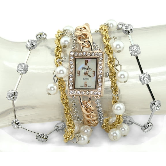 Ladies Gold and Silver tone multi-stran bracelet clubbing watch 27 mm 8mm thick CZ case.