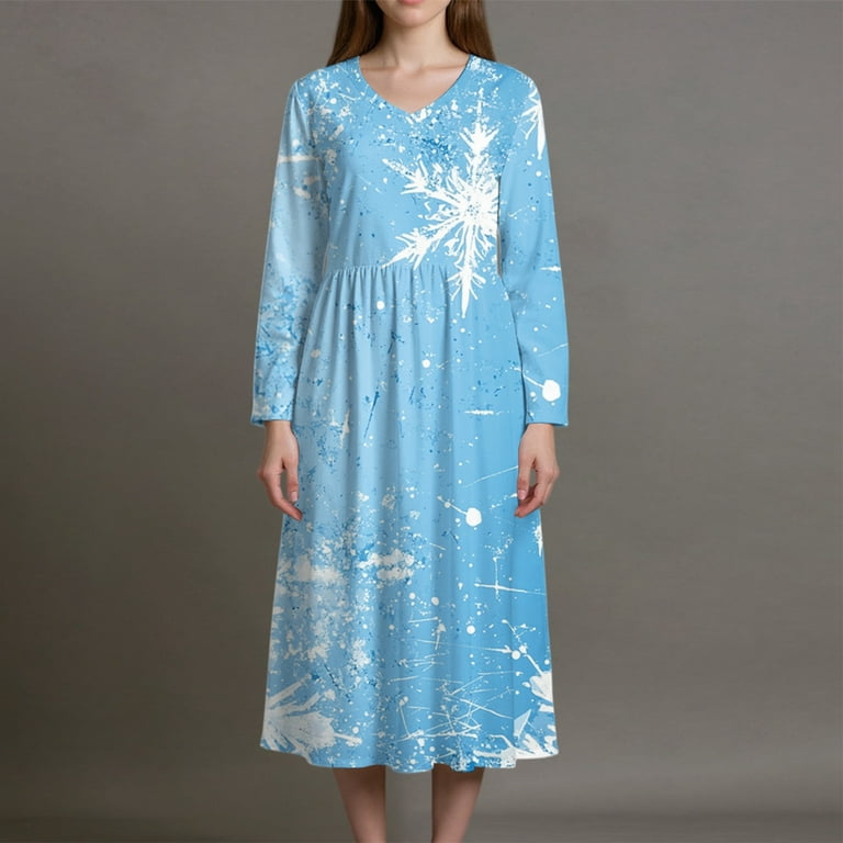 light blue christmas dress women Christmas Dresses for Women Women's Fashion Dress Spring V-neck Long Sleeve Dress with Christmas Print for Holiday Party,Light Blue,M