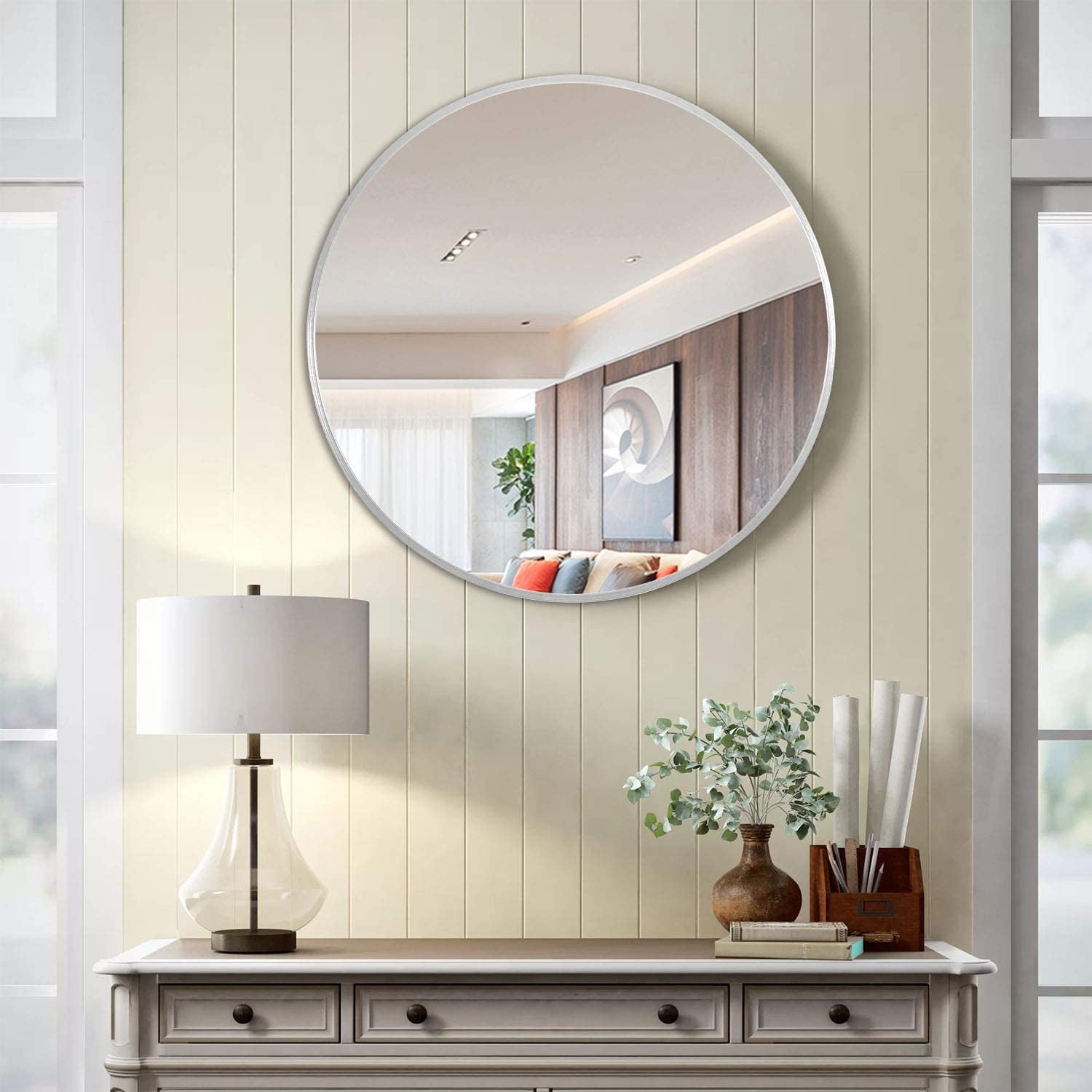 NeuType 32" Silver Round Wall Mirror, Modern Aluminum Alloy Frame Accent WallMounted Decorative