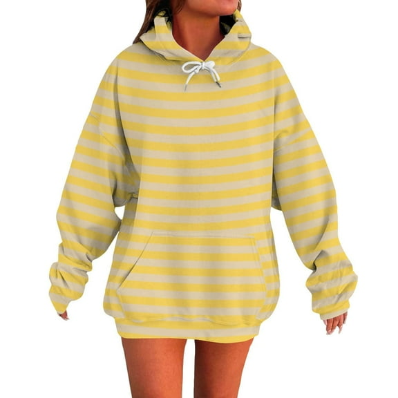 ABATAB Women Striped Oversized Hooded Sweatshirts Casual Crew Neck Long Sleeve Shirts Hoodies Summer Fall Fashion Pullover Tops(X-Large,Yellow)