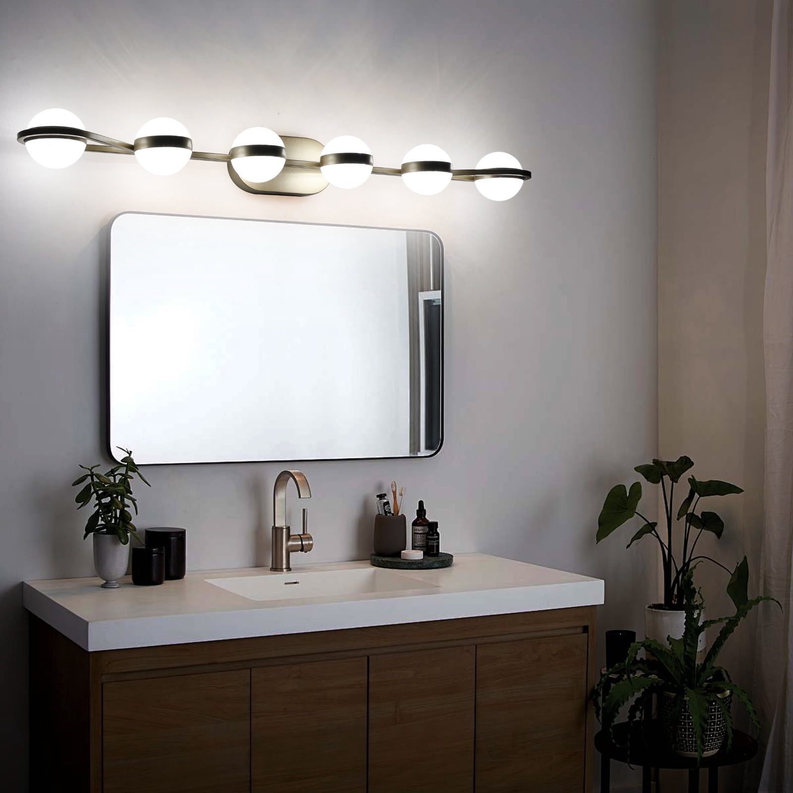 43" Gold Minimalist LED Bathroom Vanity Light with Crystal Sand Acrylic Shades, 6-Light Wall Mounted Decorative Lighting Fixture, Suitable for Bathroom Vanity Mirror