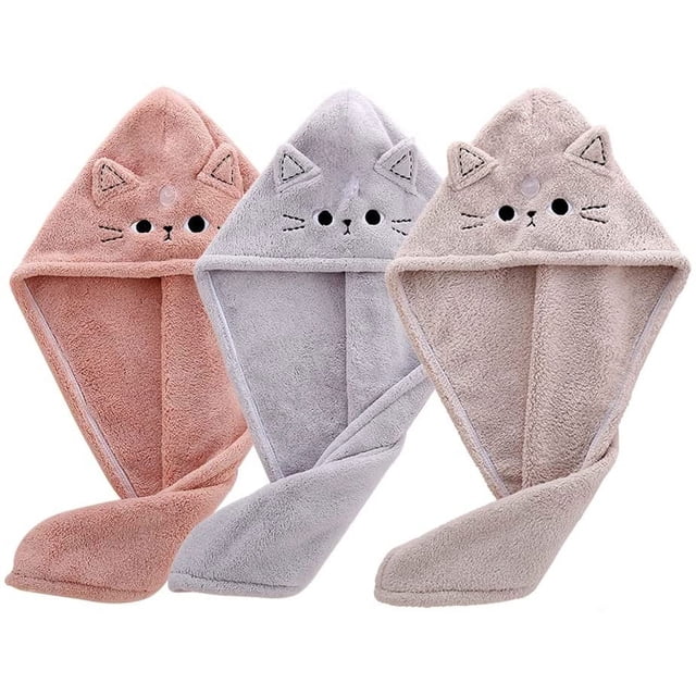 Lindo gato toalla de microfibra para el cabello para niños, 3 paquetes de toallas de secado de cabello de secado rápido turbante divertido toalla de pelo para mujeres niñas niños pelo largo rizado
