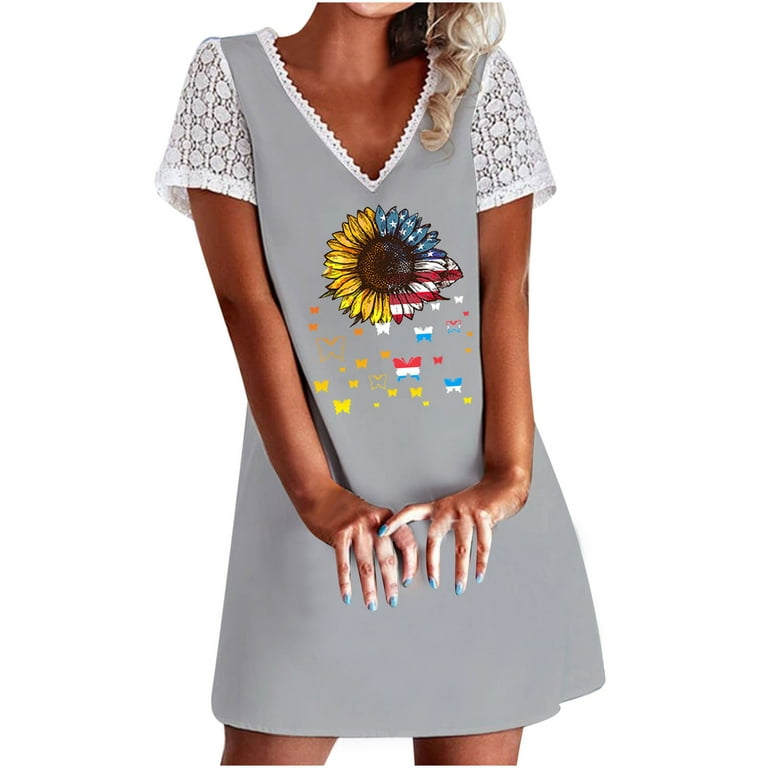 Wycnly Womens Dresses Short Sleeve V-Neck Color Patchwork Casual