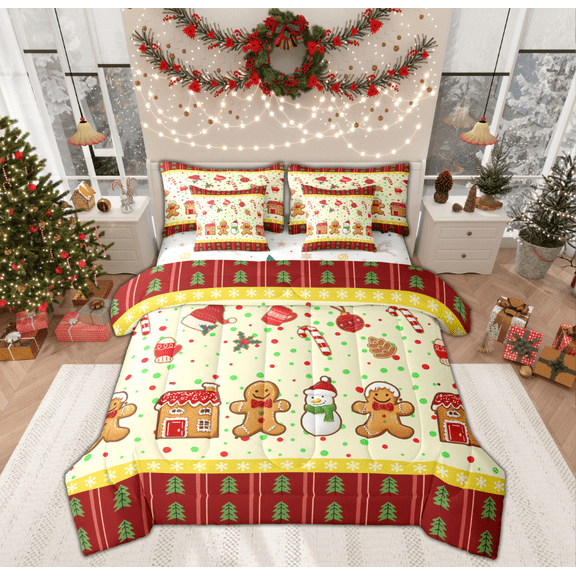 Manfei Child Gingerbread Man Twin Bedding Sets 7-Piece, Yellow Red Cartoon Bedding Comforter Set, Kawaii Christmas Snowman Reversible Sheet Sets, Ultra Soft Home Decor