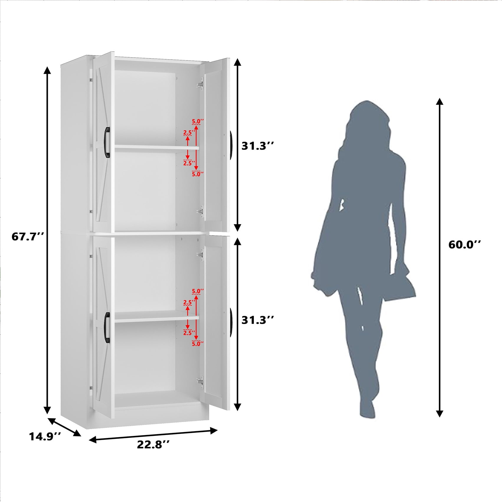 BOCVKENN Kitchen Pantry Cabinet, 67.7" Tall Wood Storage Cabinet with 4 Doors and Shelves Freestanding Cupboard for Dining Room Living Room Bathroom,White