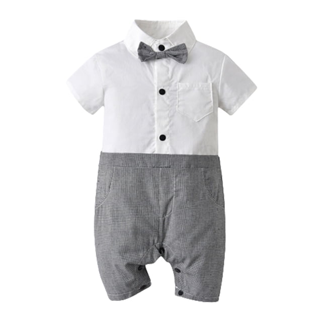 FAIWAD Baby Boy Dressy Clothes Short Sleeve Lapel Shirt Patchwork Suspender Button Pants with Bow