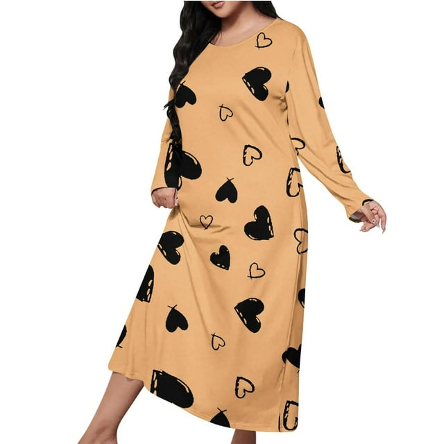 Chemises de Nuit Oversize pour Femmes, Douces et Confortables, Robe de Pyjama à Manches Longues, Mignonne Imprimée, Maxi Ample, Grande Taille (Beige1#,L)
