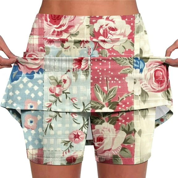 qelini Womens Skort Plus Size Pockets Elastic Mid Waist Bermuda Skirts Pants Print Casual Resort Wear