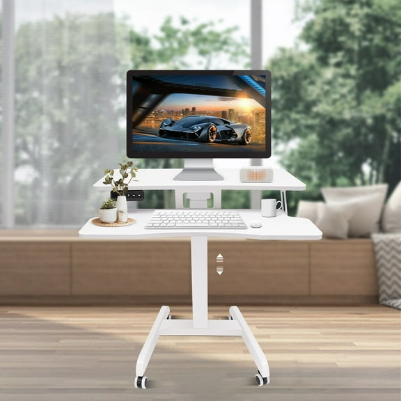 Mobile Standing Desk, Portable Rolling Desk with Lockable Wheels, Non-Slip Mat, Standing Lifting Desk, Rolling Desk with Adjustable Height, 31-51in(White 31.5*15.7in)