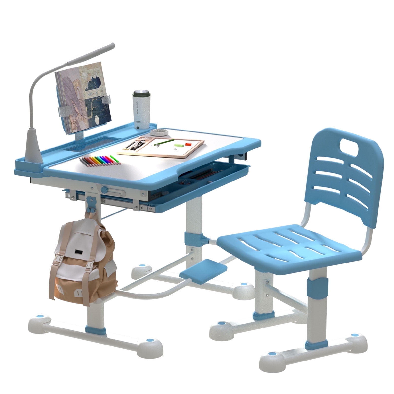 Kids Adjustable Desk & Chair Set with LED Light & Tilt Top, Study Table with Drawer & Bookstand, Blue