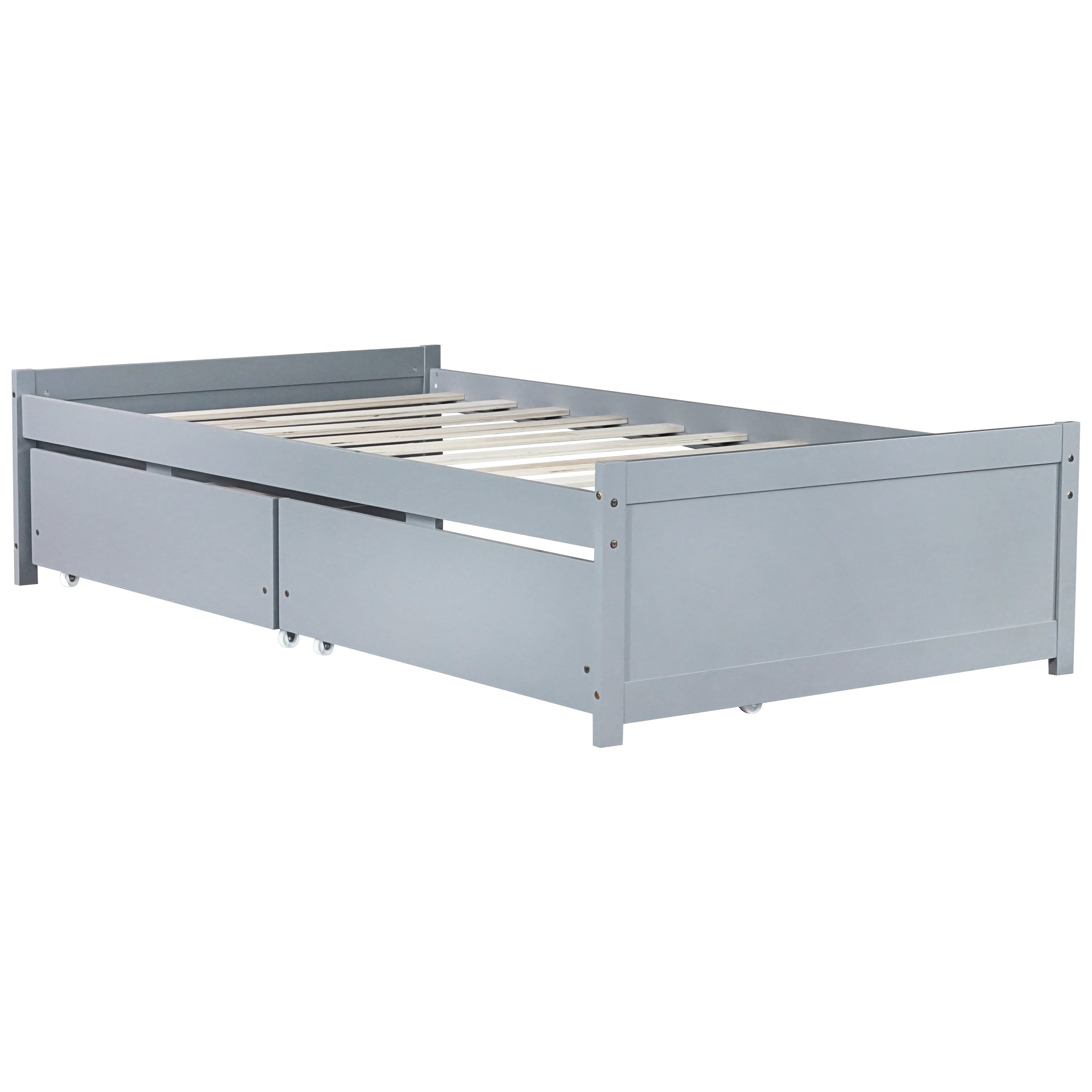 Miniyam Wood Twin Bed with 2 Storage Drawers for Kids, Soft Gray