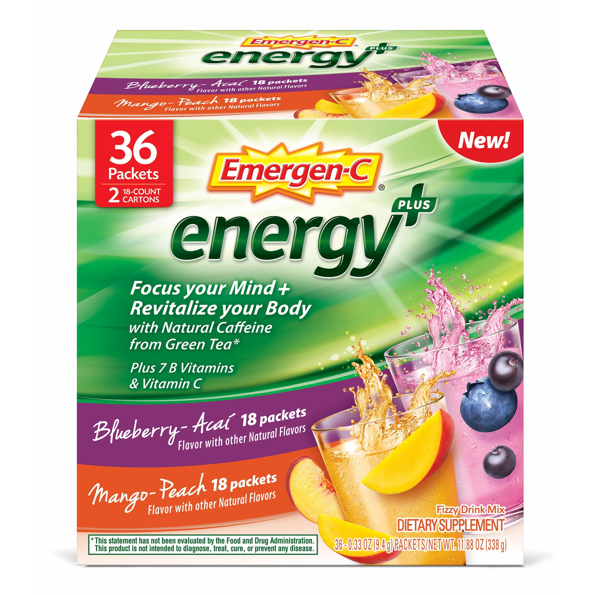 EmergenC Energy+ Fizzy Drink Mix Packets, 2 pk./18 ct.