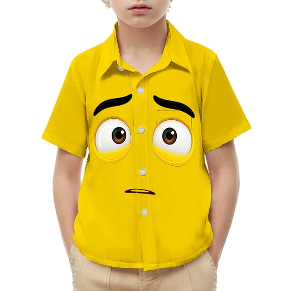 Boys Graphic Print Button Up Shirt, Short Sleeve Yellow Funny Pleading Face Shirt, Stretch Soft Casual Kids Shirt,Size 3 T