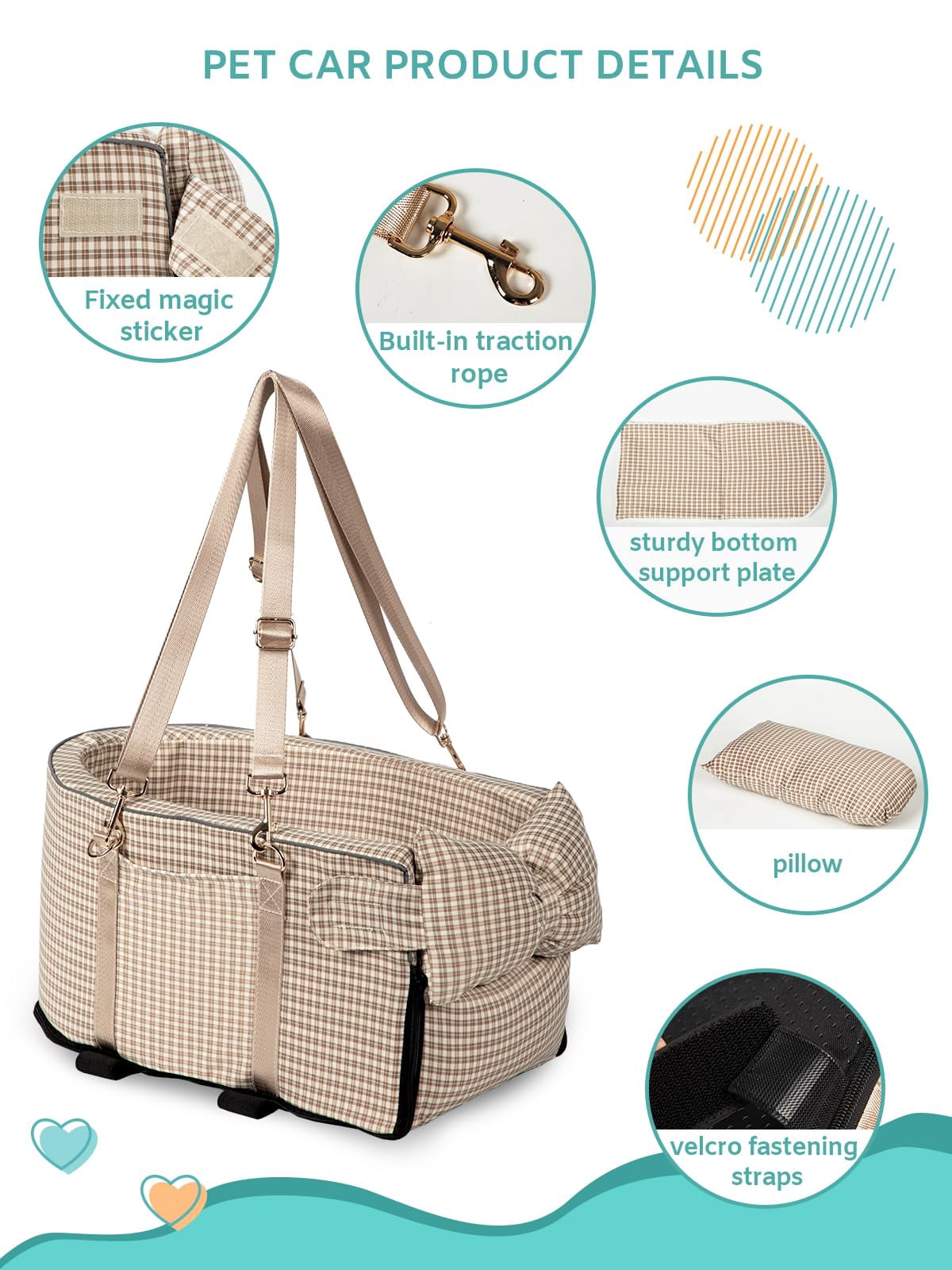 Dog Car Seat For Small Dogs Center Console Puppy Anti-collapse Pet With Soft Cushion Safety Belt  Portable Armrest & Cat Under 15 Lbs (grid-brown)