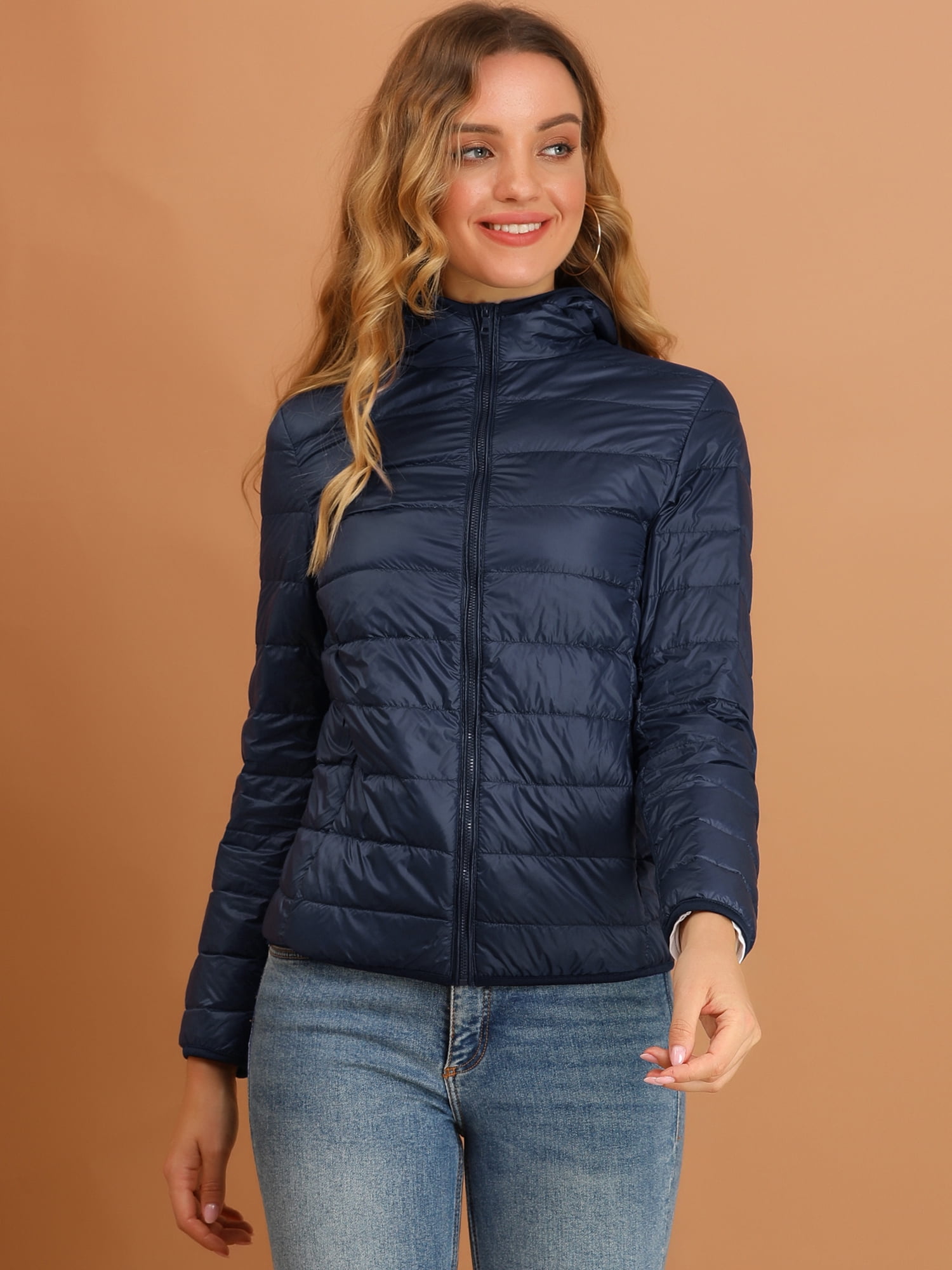 DARING DIVA Women's Hooded Zip Up Short Down Lightweight Jacket L Dark Blue