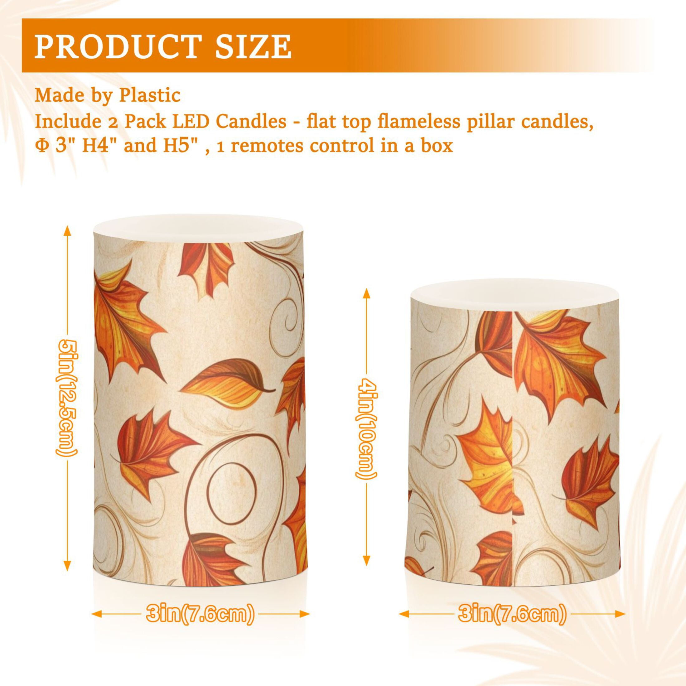 Autumn Orange Leaves Flickering Flameless Candles Battery Operated with Remote Timer LED Pillar Candles Set of 2