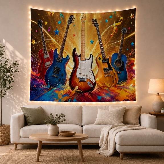 Five Guitars Among Colorful Music Notes, Energetic Digital Art for Music Lovers, Instrument Wall Art, Housewarming Gift, Tapestry Wall Hanging for Bedroom and Studio