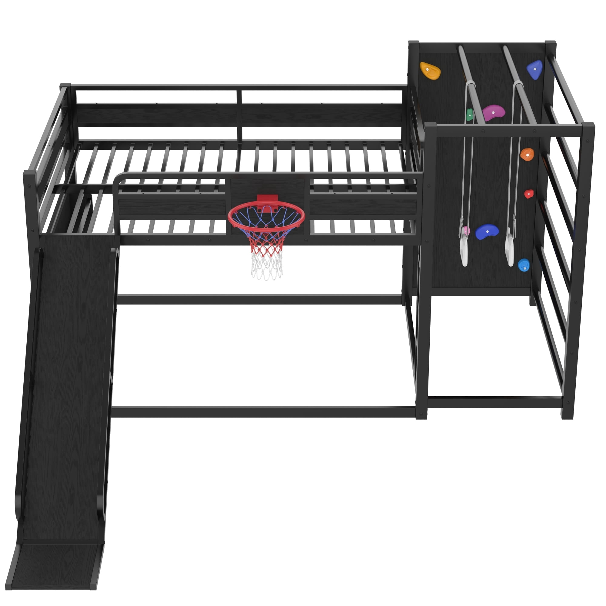 Full Size Loft Bed with Basketball Hoop, Pull-up Rings and Climbing Wall, Metal Loft Bedframe with Bulit-in Bookshelves, Kids Playhouse Bed with Slide for Boys Girls