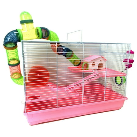 Pink Large 3-Story Hamster Habitat House Critters Expandable and Customizable Cage Gerbil Mouse Mice Complete Set of Accessories Crossover Tube Tunnel