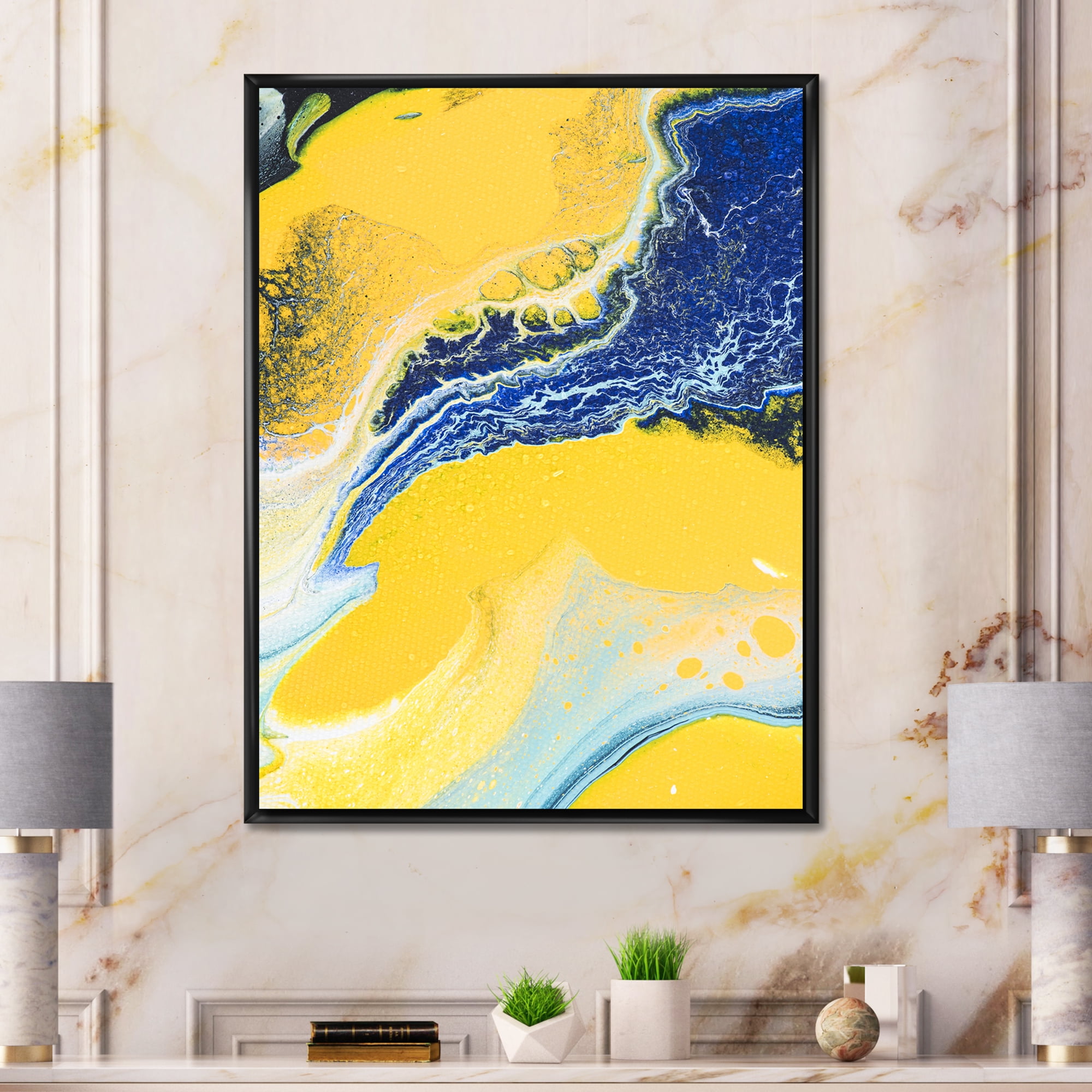Designart 'Abstract Composition In Blue and Yellow VII' Modern Framed Canvas Wall Art Print