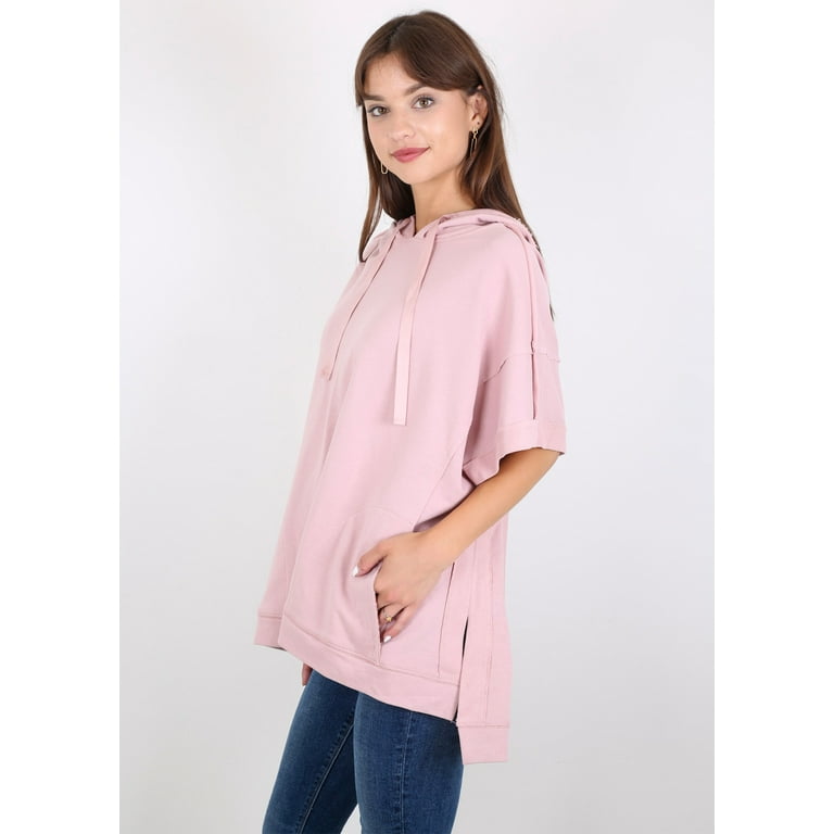 Womens Oversized Short Sleeve Hoodie Side Slits Pullover Sweater