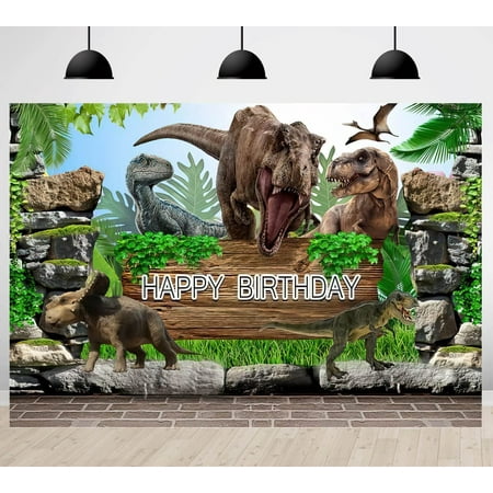Image of Dinosaur Themed Backdrops Boys Tropical Jungle Happy Birthday Party Photography Background Kids Baby Cake Table