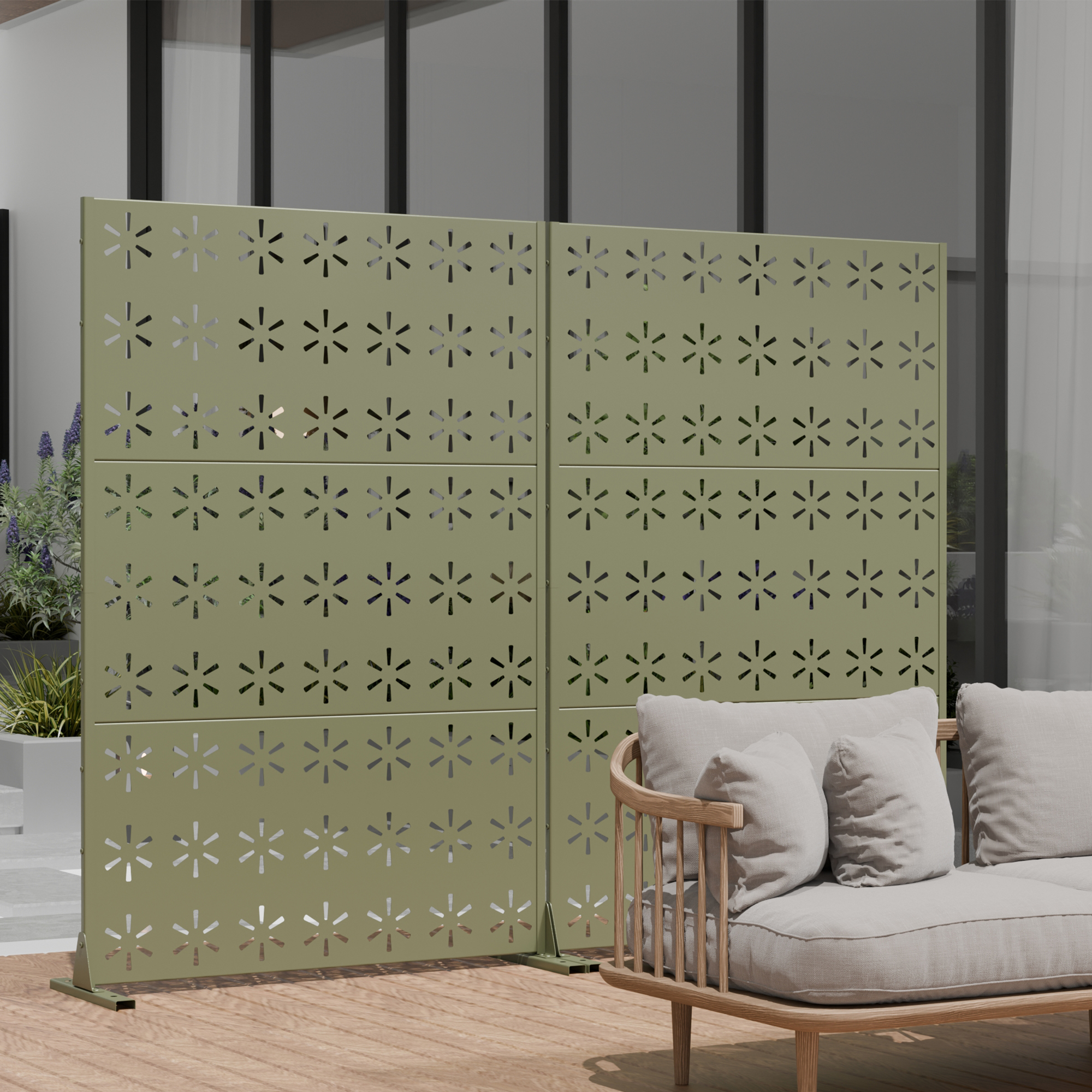 MAYEERTY 72×47" Outdoor Gray Olive Metal Privacy Panel Screen for Backyard & Garden, Snowflake Pattern