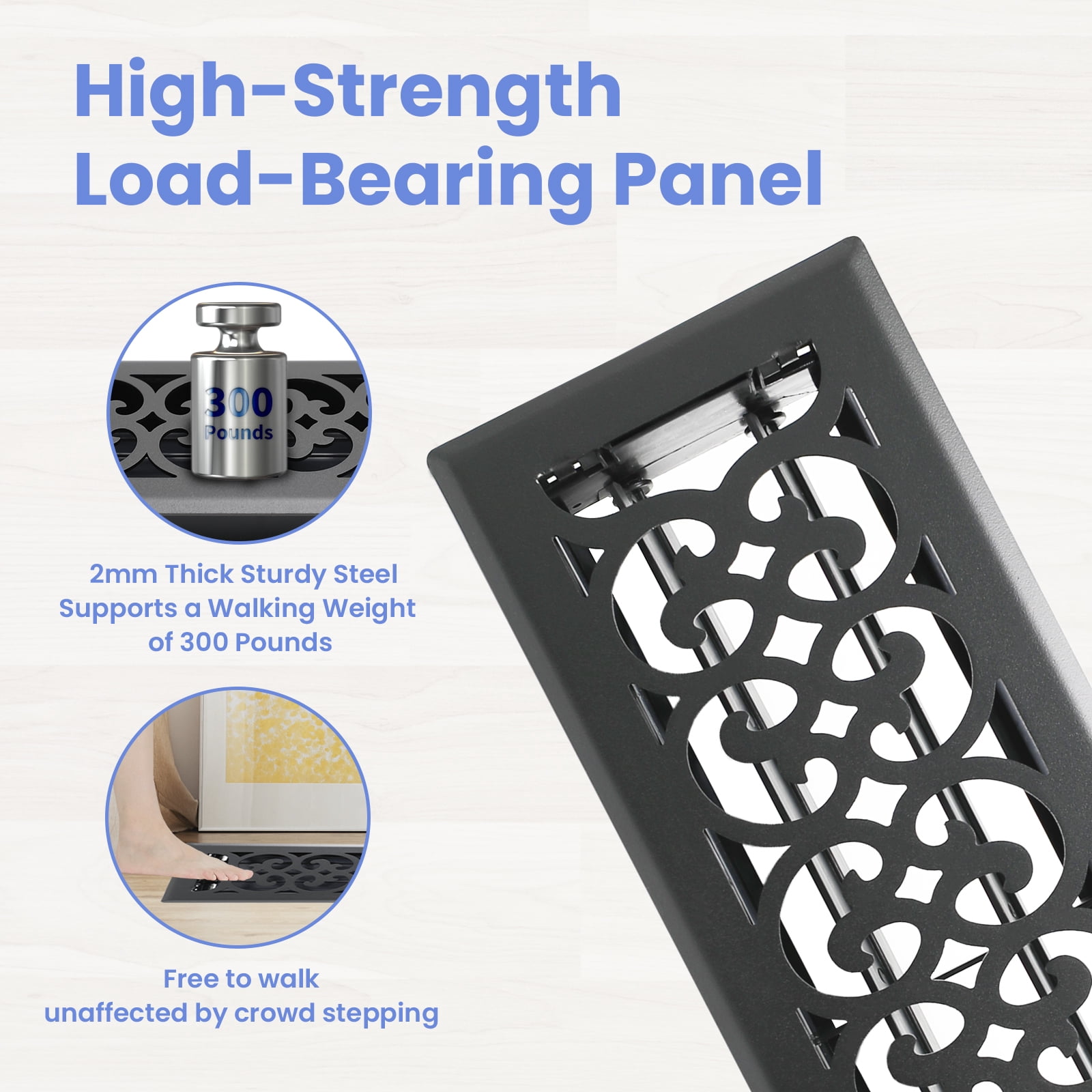 4x14 Inches B Pack Heavy Duty Walkable Floor Register Easy Adjust Air Supply Lever Floor Vents - Charlotte Design - Vent Cover for Home Floor - Matte Black