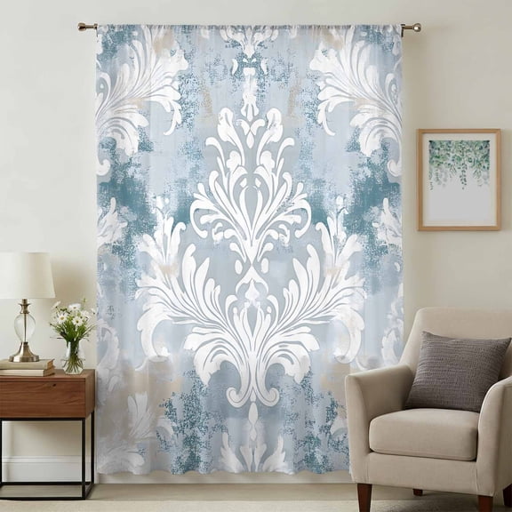 White Floral Smear Sheer Curtains 63 Inches Long, Teal Beige Flower Abstract Art Light Filering Curtains, Breathable Simi Curtain Privacy Drapes for Living Room Bedroom Lightweight Window Treatment