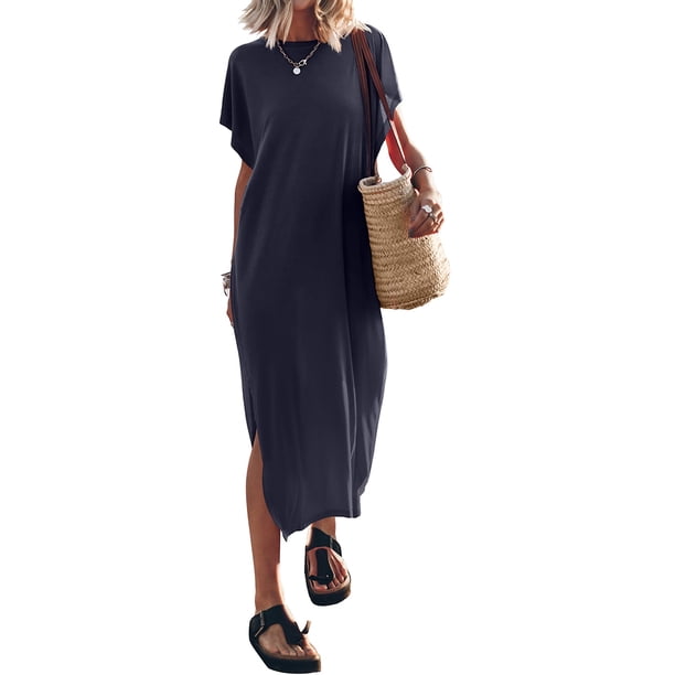 Lucakuins - Vestido de playa informal de verano para mujer, color sólido, manga corta de murciélago, cuello redondo, vestido dividido Lucakuins moda