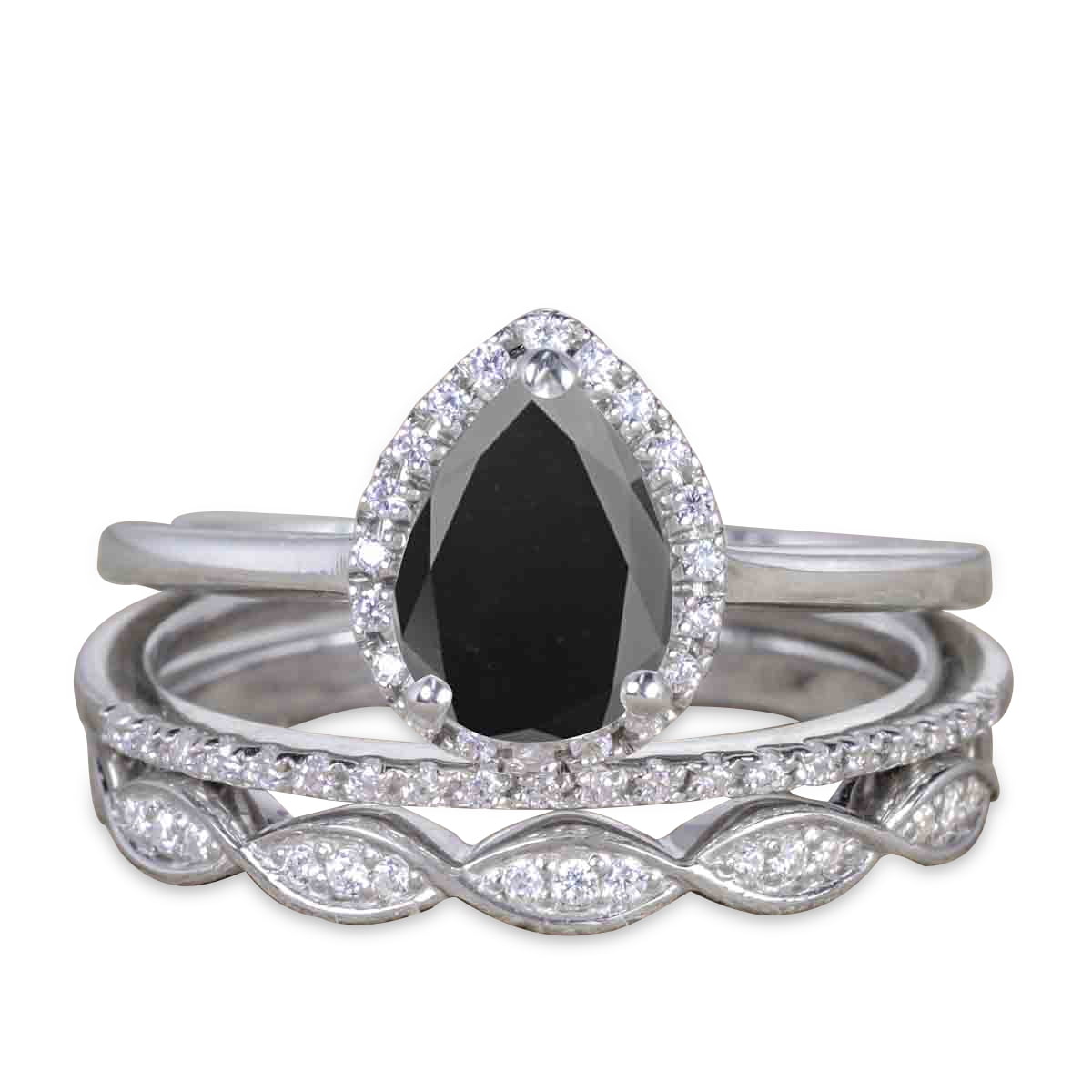 JeenMata 2 Carat Pear Black Diamond Engagement Ring with 2pcs Vintage