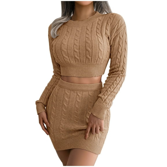 IROINNID Women's Two Pieces Set Cropped Sweater with High Waist Skirt Knitted Home Set,Khaki