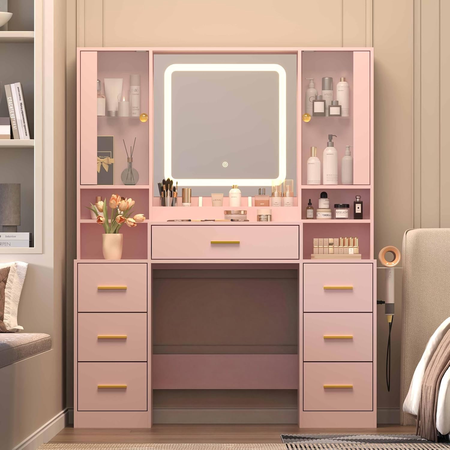 FANRAL Large Vanity Desk with LED Lighted Mirror & RGB Glass Cabinets,Built-in Charging Station & 7 Drawers,Modern Dressing Table for Bedroom Beauty Spaces,Pink Vanity