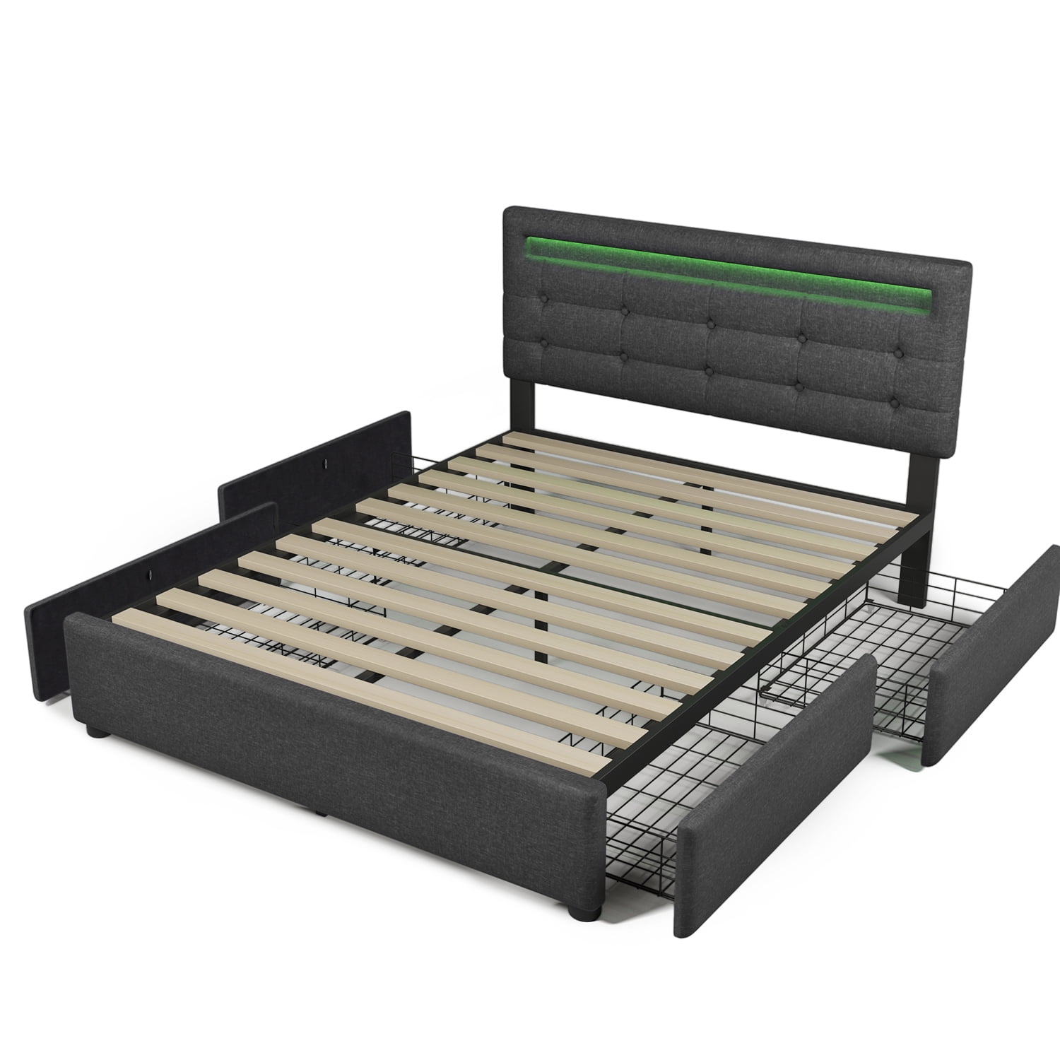 Kadyn Bed Frame Queen Size, Upholstered Platform Bed Frame with 4 Storage Drawers and LED Lights & Adjustable Headboard,No Box Spring Needed,Grey