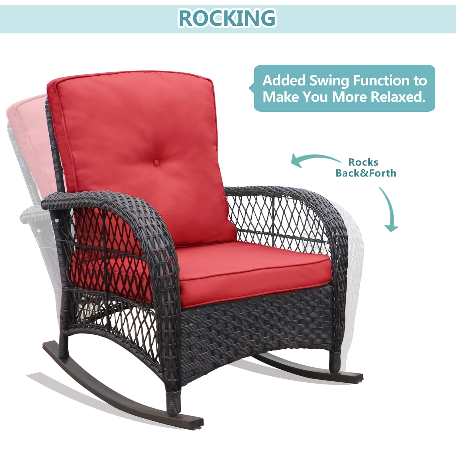 ATR ART to REAL 3 Pcs Outdoor Wicker Rocking Furniture Sets,Rattan Rocker Chair Sets with Table for Porch, Red