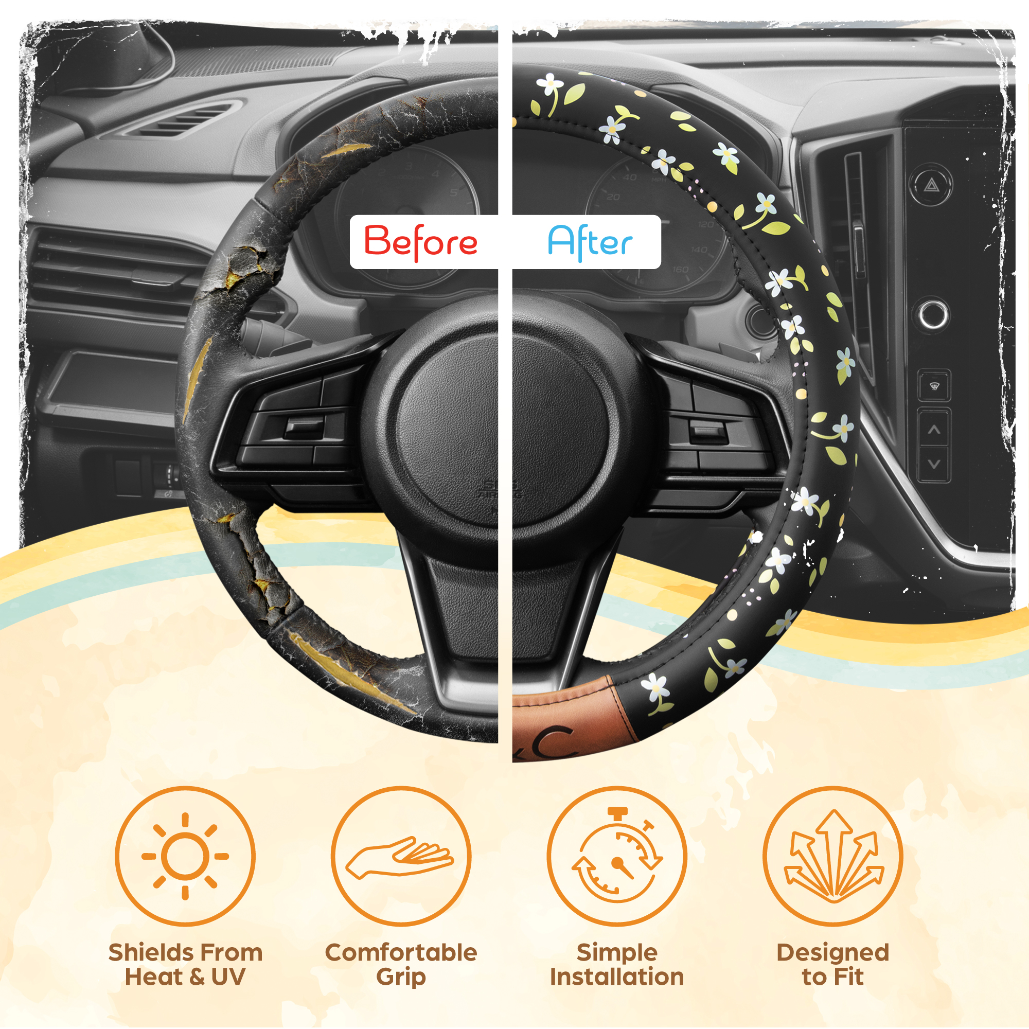 C&C California Car Steering Wheel Cover Beige Diamond Quilt, Non Slip Leather Steering Wheel Cover for Women Men, Soft Easy Installation Universal Fit (Fits 14.5"-15.5" Inches)