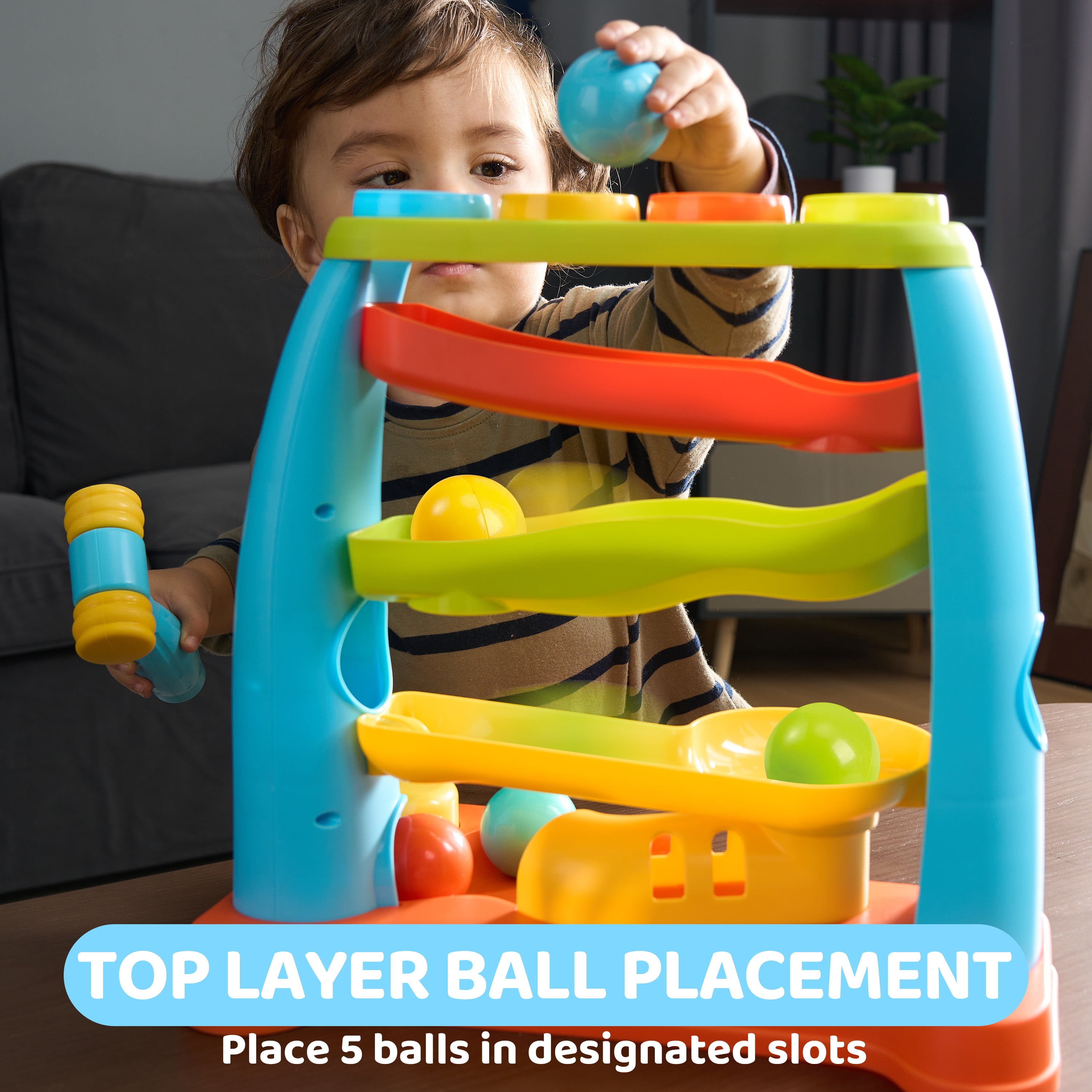 lalalark Ball Drop Toy for Toddlers 1-3 Track Stacking Montessori Learning Toy Pound a Ball with Hammer, Early Developmental Christmas Birthday Gift
