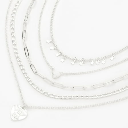 Claire's Silver Evil Eye Heart & Star Chain Multi Strand Necklace, Silvertone,Adult.