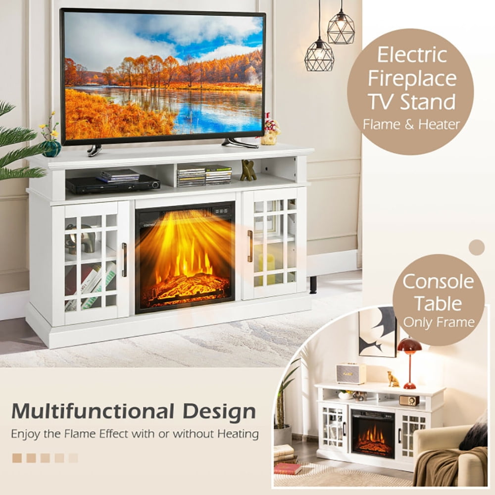 Finihen TV Stand, TV Cabinet, 48 Inch Electric Fireplace TV Stand with Cabinets for TVs Up to 55 Inch, for Living Room, Bedroom, White