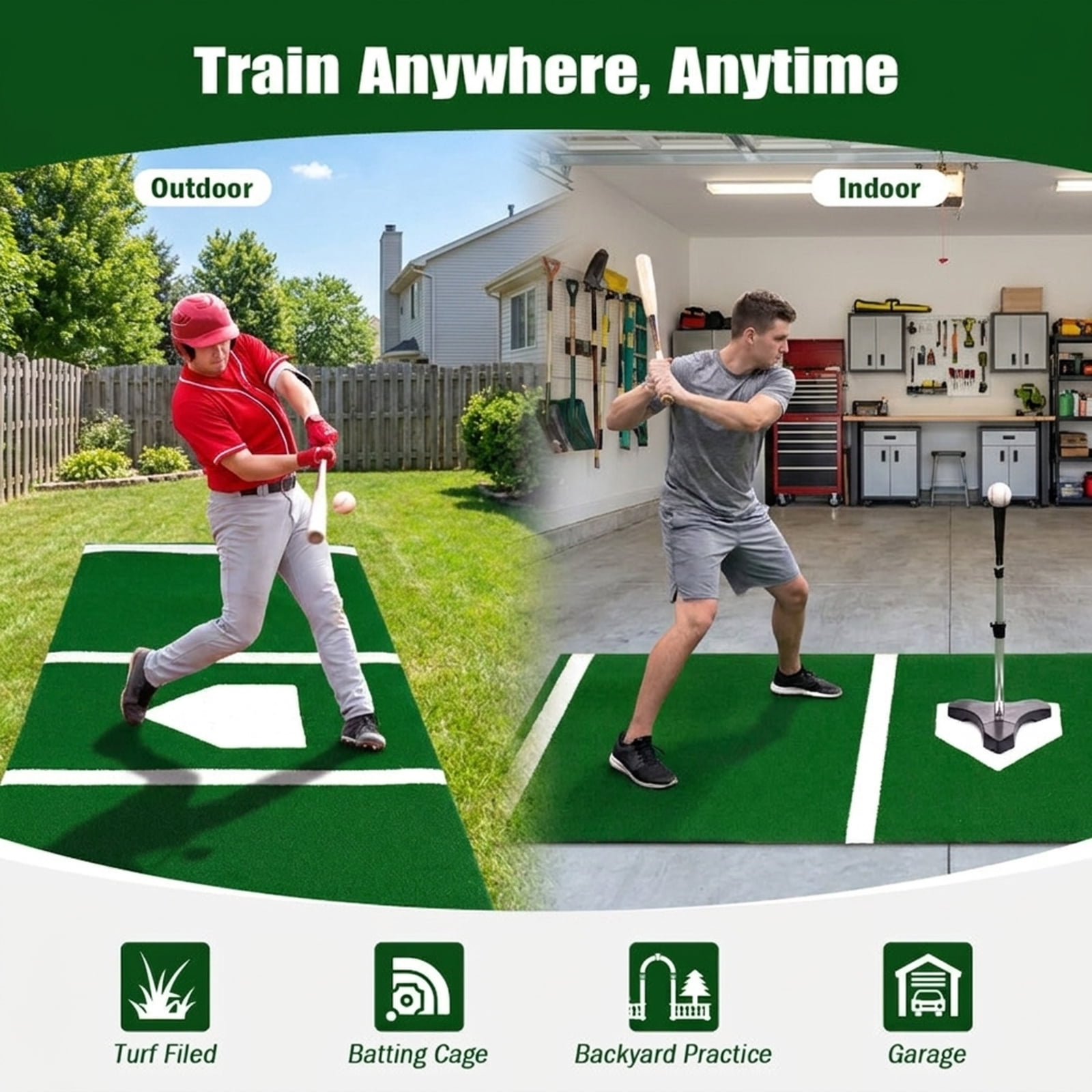 Airfind 10 ft x 3.8 ft Baseball and Softball Batter Practice Mat with needle-punched home plate markings and diamond-emboss rubber backing for switch-hitter drills, Green