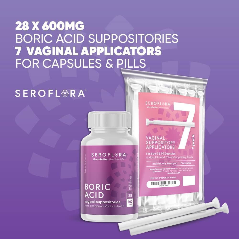 Seroflora Boric Acid Vaginal Suppositories for Women with Suppository Applicators - Boric Acid Pills Support Vaginal Odor Control - 30 Suppositories 7 Applicators