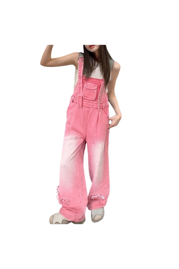 Girls Denim Overalls 2k Kids Wide Leg Jeans Jumpsuit Bib Overall Pockets Tween Straight ip Hop Coverall Girls omper