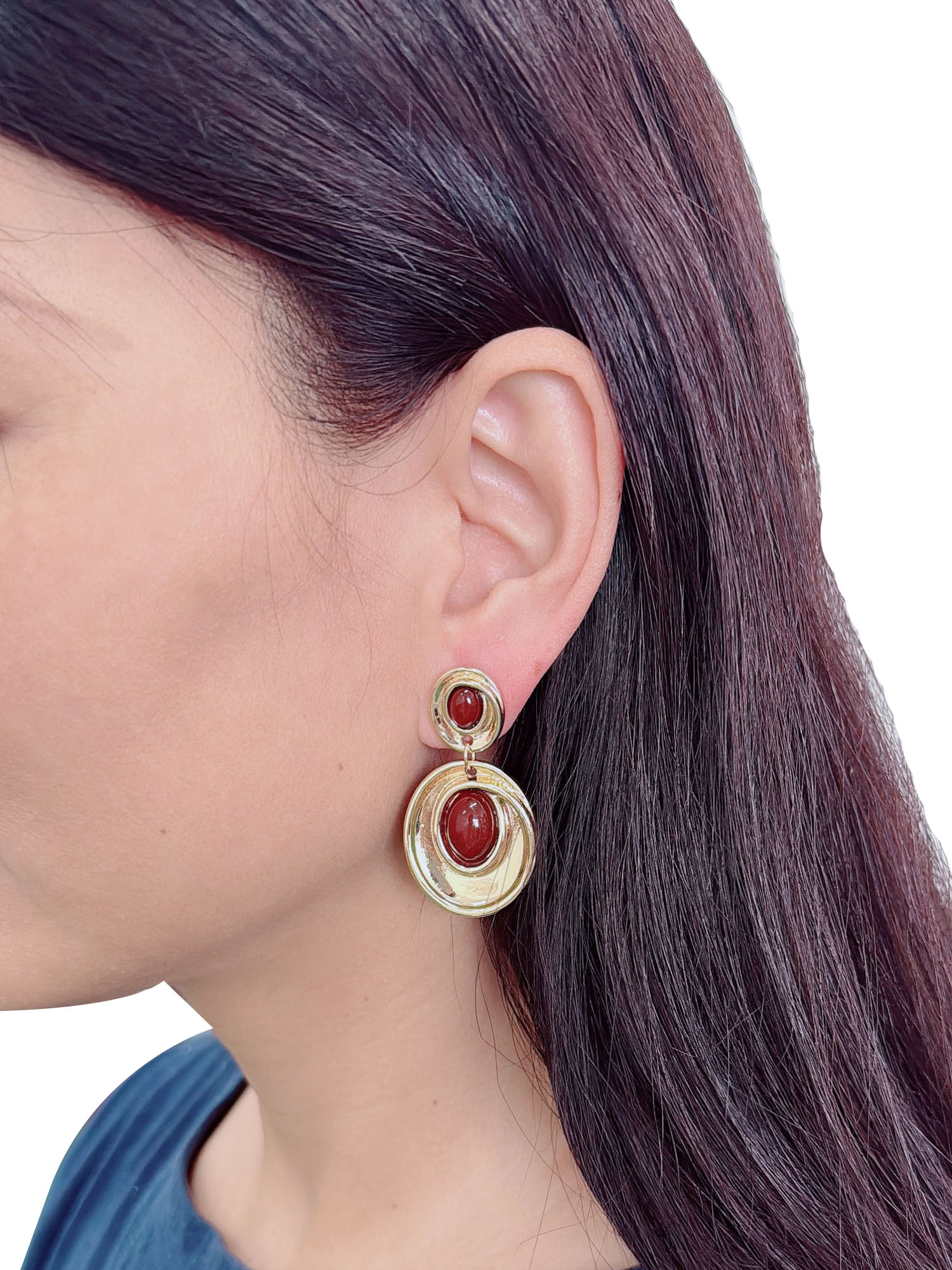 Time and Tru Double Circle Linear Earrings Gold Plated and Brown for Female Adults and Teens