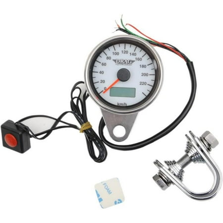 Drag Specialties Electronic - Drag Specialties 2210-0327 220 KM/H Mini Electronic Speedometer w/ Odometer/Tripmeter - Polished/White Face - 2.37in.