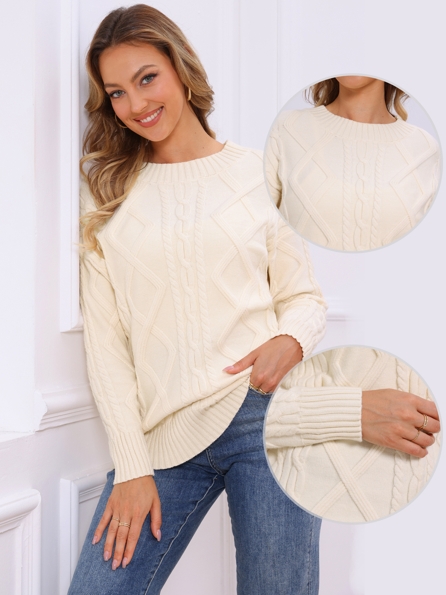 DARING DIVA Crewneck Fall Chunky Cable Knit Pullover Sweater XS Beige