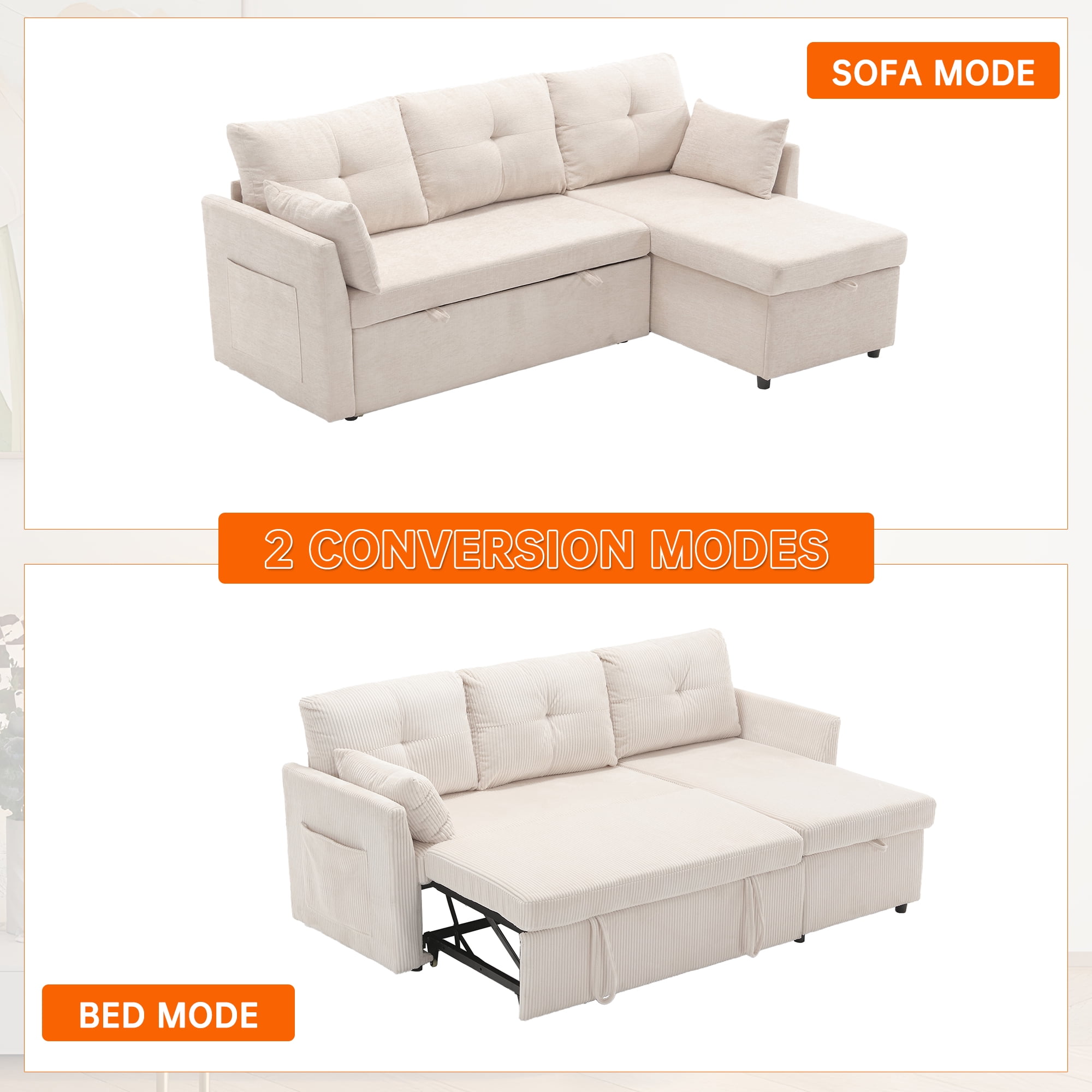 MOONMISS Chenille Upholstered L-Shaped Storage Reversible Chaise Sectional Sofa with Side Pocket-Beige