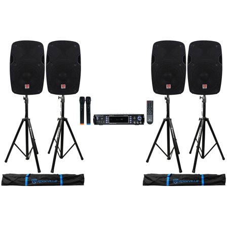Rockville  Bluetooth Karaoke Amplifier/Mixer(2) Mics (4) 8" Speakers Stands